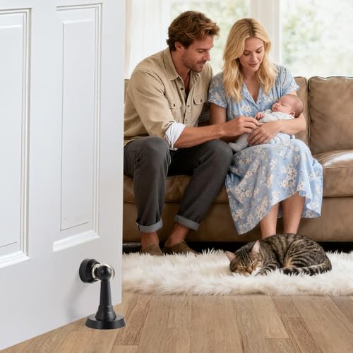 PANALI Magnetic Door Stopper,Brass Heavy Duty Door Stop, 1 Pack - color: Matt Black