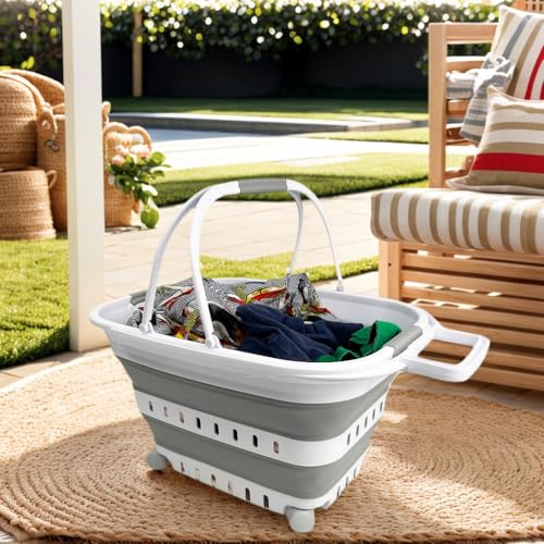SAMMART 35L (9.24 Gallons) Collapsible Plastic Laundry Basket with Handle and Wheels - Foldable Pop Up Storage Container/Organizer with handle and wheels - Space Saving (1, White/Grey)