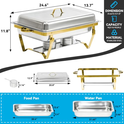 9QT Chafing Dishes for Buffet 4 Pack with 4 Full-Size Pans, Gold