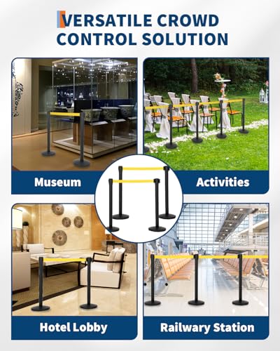 4-Pack Crowd Control Barrier, Metal Stanchion Posts with 6.6ft / 2m Retractable Belts & Metal Base, Commercial Line Dividers for Stores, Airport Lines and Event Entry (Yellow Rope) - size: 4-Pack