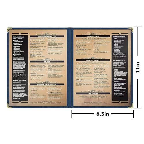 Goodsmart Restaurant Menu Covers - 25 Pack Blue 8.5" x 11", 2-Page/4-View, Side-Loading Vinyl Menu Holders, Clear Sleeves, Double-Stitched Edge, Leather-Style Café Menu Covers with Gold Corners - color: Blue, size: 2 Pages / 4 Views - 8.5" x 11"