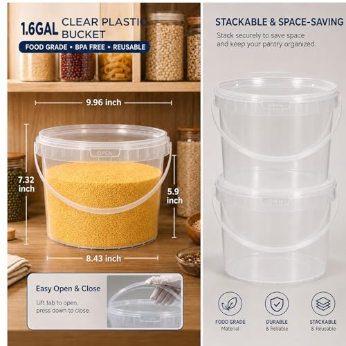 4 Pack 1.6 Gallon Plastic Bucket with Lid, Round Food Grade Large Storage Container for Water, Paint, Ice & Daily Use - color: Transparent, size: 1.6 Gallon