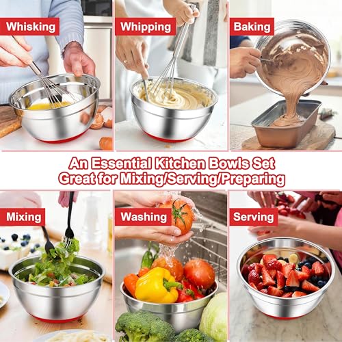 TeamFar Mixing Bowls, Stainless Steel Salad Bowls with Lids - Red - color: Red