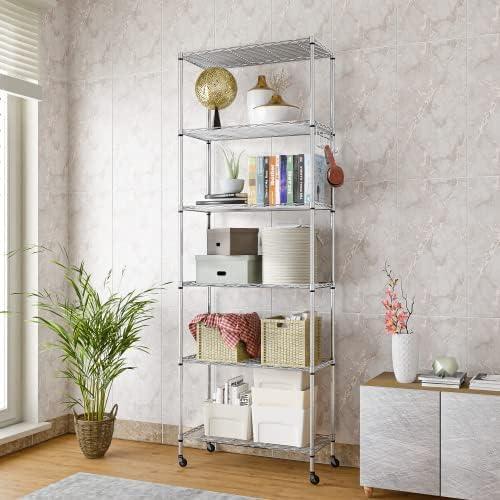 Himimi 6-Tier Wire Shelving Unit with Wheels - Adjustable Metal Storage Rack for Garage, Kitchen, Office, Pantry - Easy Assembly, Rolling Steel Shelves with Stainless Side Hooks, Silver Grey - color: Silver, size: 11.42"D x 21.26"W x 72.05"H, 6-Tier