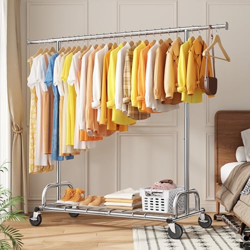 Raybee Heavy Duty Clothes Rack Load 480LBS,Clothing Racks for Hanging Clothes,Adjustable Rolling Clothes Rack with Wheels,Garment Rack for Bedroom,Laundry Room,Commercial Use, 71" Hx22 D x 75" W - style: Single Rod