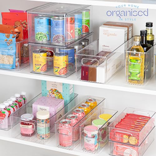 Plastic Food Storage 2 Pack Clear Container Bin with Handles for Organizing Kitchen, Pantry, Fridge, Freezer, Pantry, Bathroom. 14"x6"5" - size: 14x6x5