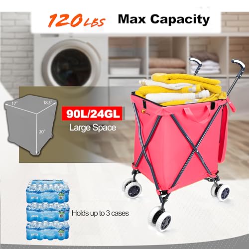 Wellmax Folding Shopping Cart with Canvas Bag & Cover, Holds 120 lb, Pink - color: Pink