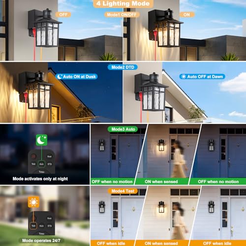 Porch Light with GFCI Outlet with Remote,Dusk to Dawn Motion Sensor Outdoor Light,Upgraded 4 Lighting Modes Black Front Door Light,Waterproof Outside Lights for House Patio Garage Entryway, 1 Pack - color: Black (with Remote) 1-Pack