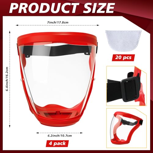 Relaxweex 4 Pack Super Protective Face Shields with Filter Pad for Grinding and Cutting Plastic Full Face Masks Bulk for Woodworking (Red) - color: Red
