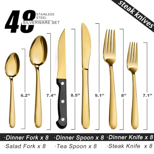 Pleafind 48-Pieces Gold Silverware Sets for 8, Stainless Steel Cutlery Set with Steak Knives, Flatware Set, Include Forks Spoons and Knives Set, Dishwasher Safe Utensil Sets for Home Restaurant - color: Gold, size: 48P