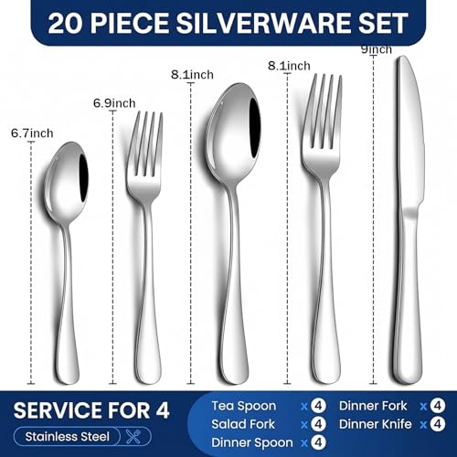 20-Piece Silverware Set, Stainless Steel Flatware Set Service for 4 - color: Silver, size: 20-Piece