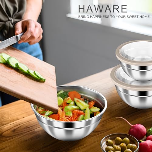 HaWare Mixing Bowls with Clear Airtight Lids, Stainless Steel Nesting Bowls - color: Khaki, size: Visible Airtight Lids