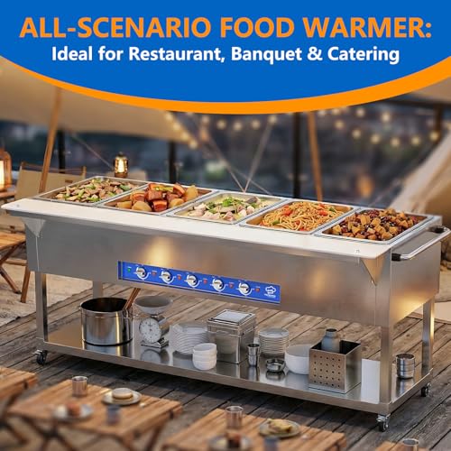TOPKITCH Commercial Electric Food Warmer Station - 5 Independent 19.5L Pans with Individual German EGO Energy Regulator,5×750W Power, 220V Steam Table for Restaurant, Catering, Party - size: TC-5P