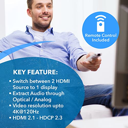 OREI 8K HDMI 2.1 2-Port Switch with Audio Extractor 48 Gbps, 8K@60Hz, EDID