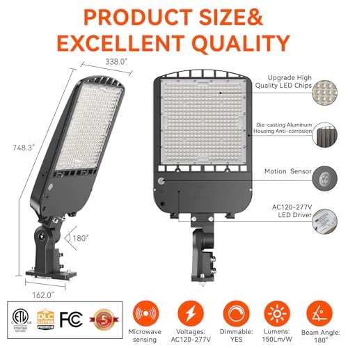 OKQ 300W LED Parking Lot Light, 45,000LM (150LM/W) 5000K Daylight, Dusk to Dawn Outdoor Commercial Pole Light with Photocell, Slip Fitter & Arm Mount, IP65 Waterproof Street Lighting, UL Liste - size: 300W-1PACK