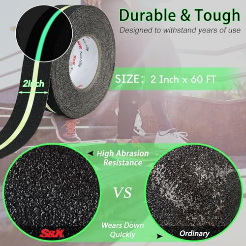 S&X Anti Slip Tape 2in x 60ft Grip Tape for Stairs, Ramps, Glow-in-the-Dark - color: Black/Glow-in-the-Dark, size: 2" X 60'
