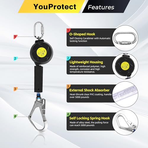 11FT Self Retracting Lifeline Fall Protection Retractable Lanyard, Fall Arrest Safety Yoyo for Construction Industrial - OSHA/ANSI Compliant (Large Hook) - color: Large Hook, size: 11FT