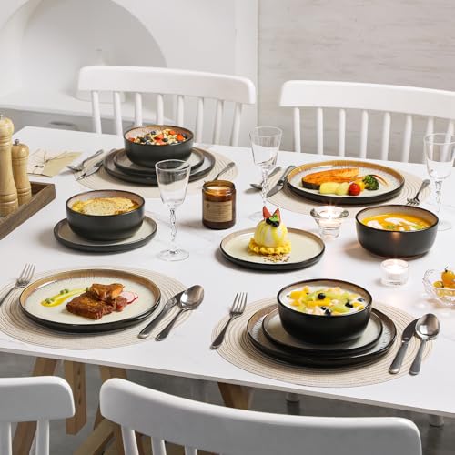 vancasso Plates and Bowls Sets, 24 Pieces Stoneware Dinnerware Sets for 8, Kitchen Dish Set Mircowave and Dishwasher Safe Ceramic Dishware, Light Cream, Series AMBER - color: Oyster White