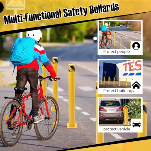 Garvee 24" Steel Safety Bollard Post with 8 Anchor Bolts, Reflective Strip