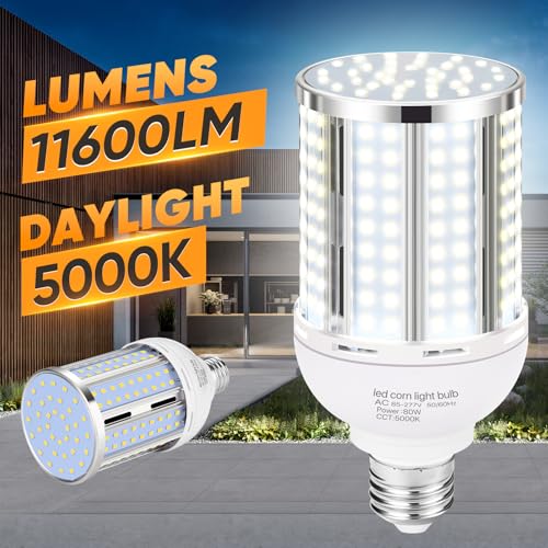 80W LED Corn Light Bulb(2 Pack),(800 Watt Equivalent) Fanless E26/E39 Medium/Large Mogul Base LED Cob Lamp 5000K Daylight 11,600LM for Outdoor Indoor Garage Warehouse Factory Workshop Street Backyard - size: 80W 2pack corn bulb
