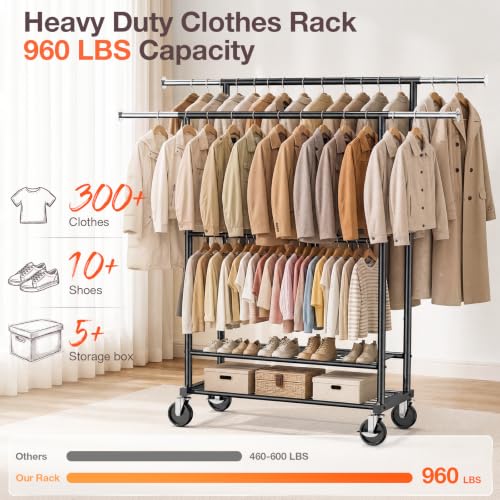 Heavy Duty Clothes Rack Load 960LBS, Adjustable Three Rods Rolling Garment Rack with Double-Layer Bottom Shelf, Portable Commercial Clothing Rack for Hanging Clothes with Wheels, Black - color: Black
