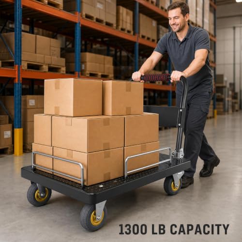 Platform Flatbed Cart Heavy Duty with Brake Wheels & Foldable Fence