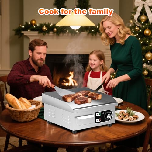 14’’ Commercial Electric Griddle - Electric Cast Iron Griddle w/Stainless Steel Material and Non-Stick, 110V Commercial Griddle w/ 1/2" Thick Iron Cooking Plate for Indoor and Restaurant - size: 14 INCH