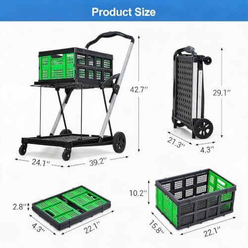 IDEALHOUSE 2-Tier Collapsible Shopping Cart 198lbs Foldable Grocery Cart - color: Green