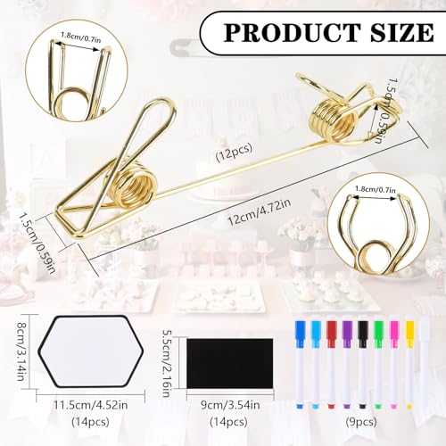 12 Pcs Metal Double Sided Sign Clips, Gold Reusable label holders clips with 9 Colored Markers & 28 Laminated Erasable Cards for Table Numbers, Retail Display, Menu, Photo-Clip-On Sign Holders (Gold) - color: golden