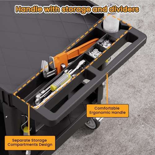2-Tier Rolling Tool Cart,Heavy-Duty Plastic Service Cart with Lipped Shelves,550 lbs Capacity Utility Cart,46 x 26 Inch Rolling Work Carts for Garage,Salon,Kitchen,Office-Black - color: Black, size: 46 x 26 Inch