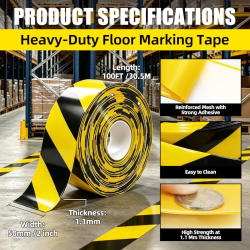 Yellow and Black Floor Marking Tape, 1.1mm Extra Thick Industrial Safety Tape, 2 In Width x 100FT, Warning Tape for Warehouse, Concrete, Harsh Conditions, Forklift, High Traffic Floors (2, Inches) - color: Black, size: 2 Inch x 100 FT