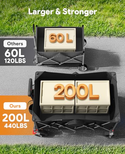 Collapsible Wagon Cart with Wheels, 440LBS for Grocery Shopping Camping - color: Black, size: 200l