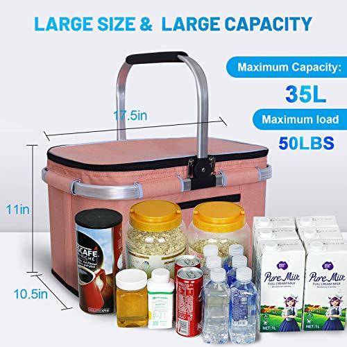 LIQING 35L Large Picnic Basket 2 Layers of Internal Pockets Leak-Proof and Insulated ,Folding with Internal Support for enhansed Stability, Wedding Gifts for Couple(Salmon Color) - color: Salmon Color