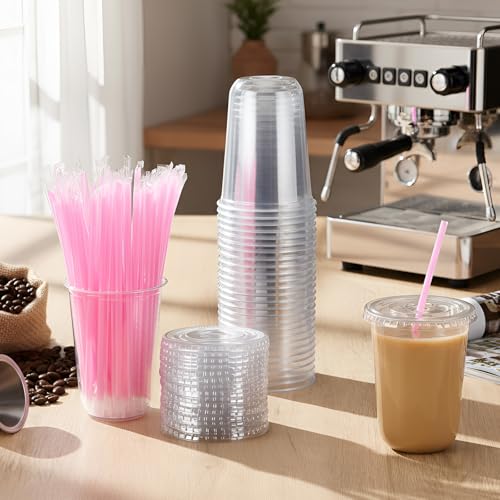 Ziliny 50 Pack 16 oz Plastic Cups with Lids Straws Iced Coffee, Pink - color: Pink, size: 16 oz