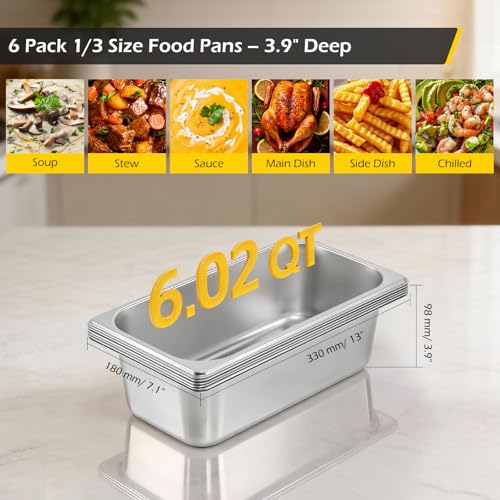 Dyna-Living Steam Table Pan 1/3 Size Pans 4 Inch Deep 6 Pack Hotel Pans - color: Without Lids, size: 4 Inch Deep