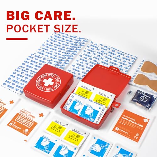 EVERLIT Pocket-Aid Kit | Travel-Friendly Hard-Shell Cases with 50 Items for Cuts, Scrapes, Burn & Wound Care | Pack of 3 Mini First Aid Kits for Travel, Outdoor, School, Camping, Home, Office (Red)