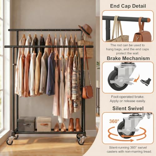 Calmootey Rolling Garment Rack, Sturdy Clothes Organizer for Bedroom - color: Black, style: Double Rods