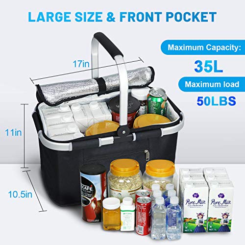 LIQING 35L Large Picnic Basket 2 Layers of Internal Pockets Leak-Proof and Insulated ,Folding with Internal Support for enhansed Stability, Wedding Gifts for Couple(Black) - color: Black