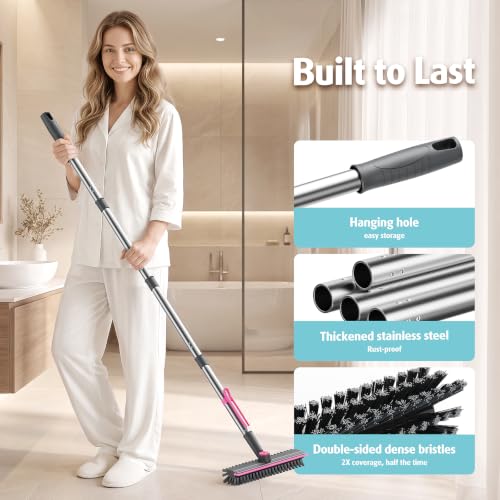 AIR U+ Floor Scrub Brush with Long Handle, 4 in 1 Floor Scrubber & Squeegee - color: Gray