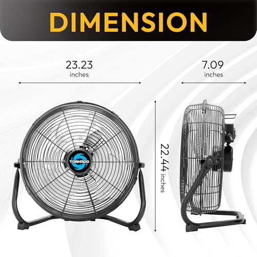 Tornado 20 Inch High Velocity Metal Floor Fan, 3-Speed Powerful Cooling, 120° Adjustable Tilt, 6.0 FT Cord, UL Safety Listed for Industrial, Commercial, and Home Use, Black - size: 20 Inch New