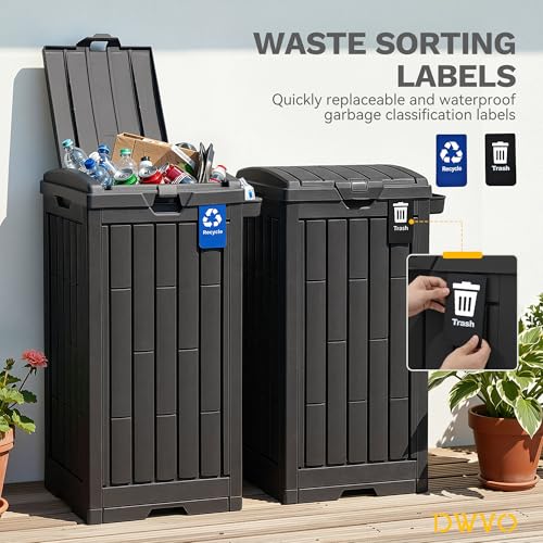 DWVO 38 Gallon Outdoor Trash Can, Set of 2 Resin Garbage Bins with Lids, Includes 2 Sorting Labels, Ash Holder, Stakes & Suction Cups, Hideaway Storage for Patio Backyard Garden, Black - color: Dark Black, size: 38 Gallon X 2 Pack