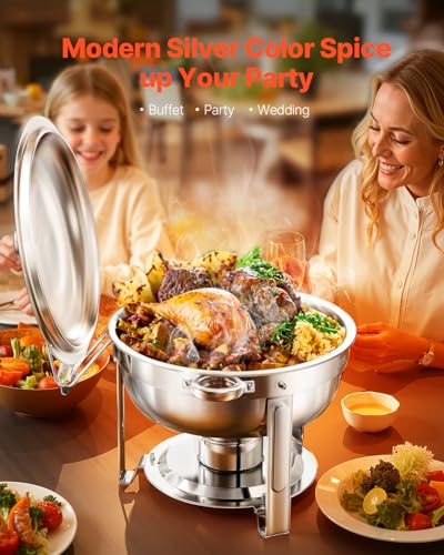 VEVOR Chafing Dish Buffet Set, 5 Qt 2 Pack, Stainless Steel Chafer with 2 Full Size Pans, Round Catering Warmer Server with Lid Water Pan Folding Stand Clip, for Weddings Parties Banquets, Silver - size: 2packs Silver