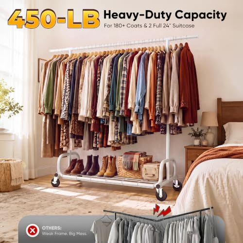 HOKEEPER Clothes Rack 450LBS Adjustable Garment Rack with Wheels, White - color: White