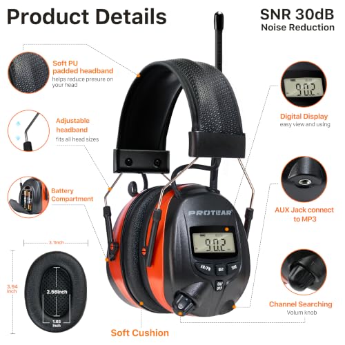 AM/FM Radio Headphones 25dB NRR,Noise Reduction Safety Earmuffs,Digital Display Headset,Powered by AA Battery,Hearing Protection for Walkman Mowing Lawn Work,Orange - color: Orange