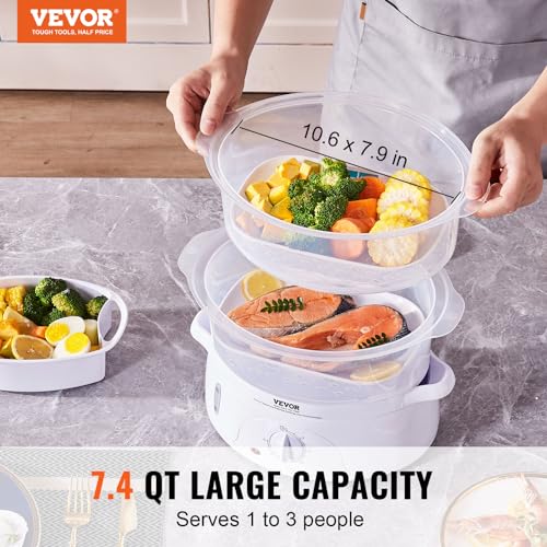 VEVOR Electric Food Steamer, 7.4Qt Electric Vegetable Steamer with 2-Tier Stackable Trays, Food-Grade Food Steamer for Cooking with 60 Min Timer, Auto Shut-Off & Boil Dry Protection (800W) - size: 2-Tier