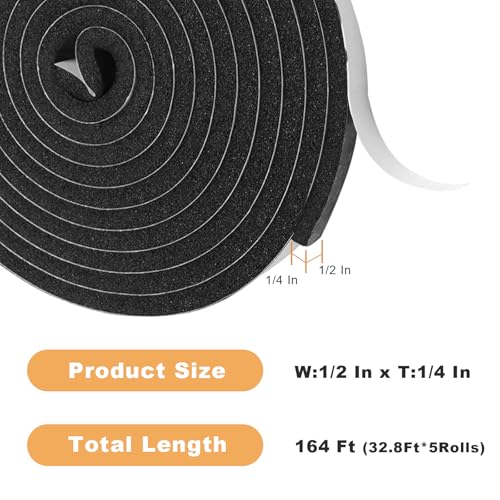 Foam Insulation Tape self Adhesive,1/2In x 1/4In x164Ft Weather Stripping for Doors and Windows,Sound Proof soundproofing Door Seal,Weatherstrip,Pipe Cooling, Air Conditioning Seal Strip - size: 1/2 in x 1/4 in x 164 ft