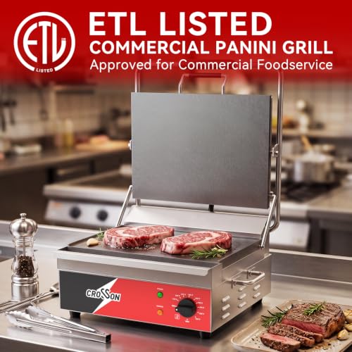 CROSSON 15"×11" Flat ETL Listed Commercial Electric Panini Grill,Hinged Auto Leveling Top Plate Panini Press Sandwitch Maker