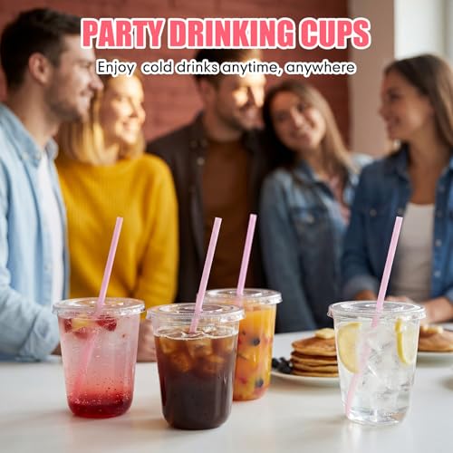 Ziliny 50 Pack 14 oz Plastic Cups with Lids Straws Iced Coffee, Pink - color: Pink, size: 14 oz