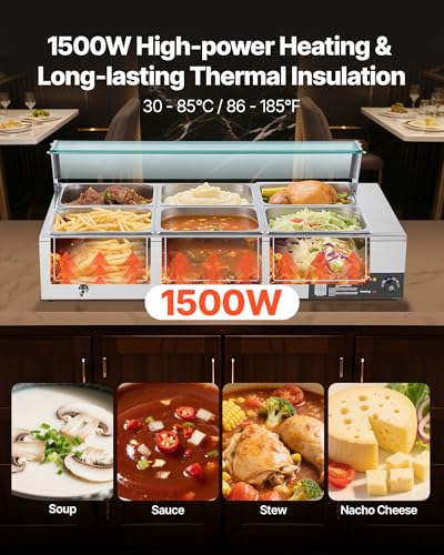 VEVOR Commercial Food Warmer, 1500W Electric Stainless Steel Steam Food Warmer with Glass Cover, 6 x 1/2 Size Pans Buffet Bain Marie with Soup & Perforated Ladles, for Catering, Restaurant & Party - size: 6x1/2Pan ;72QT