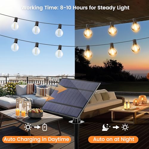 OHLUX 35FT Solar String Lights Outdoor, Waterproof Solar Patio Lights with Remote, 17 Shatterproof LED Filament G40 Globe Bulbs, 2200K Soft White, Dimmable Outside Hanging Light for Backyard Deck - size: 35FT